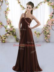 Delicate One Shoulder Sleeveless Court Dresses for Sweet 16 Brush Train Beading Brown Chiffon