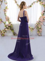 Delicate One Shoulder Sleeveless Court Dresses for Sweet 16 Brush Train Beading Brown Chiffon
