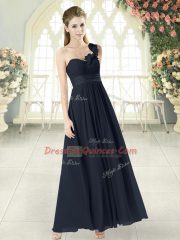 One Shoulder Sleeveless Prom Evening Gown Ankle Length Hand Made Flower Black Chiffon