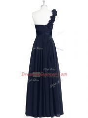 One Shoulder Sleeveless Prom Evening Gown Ankle Length Hand Made Flower Black Chiffon