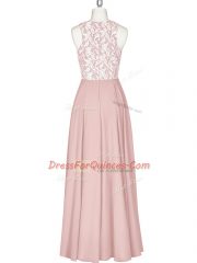 Pink Chiffon Zipper Scoop Sleeveless Floor Length Evening Dress Lace and Appliques
