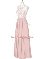 Pink Chiffon Zipper Scoop Sleeveless Floor Length Evening Dress Lace and Appliques