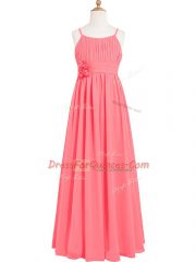 Classical Sleeveless Chiffon Floor Length Zipper Homecoming Dress in Watermelon Red with Pleated and Hand Made Flower