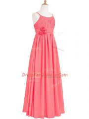 Classical Sleeveless Chiffon Floor Length Zipper Homecoming Dress in Watermelon Red with Pleated and Hand Made Flower