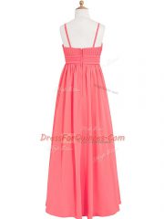 Classical Sleeveless Chiffon Floor Length Zipper Homecoming Dress in Watermelon Red with Pleated and Hand Made Flower
