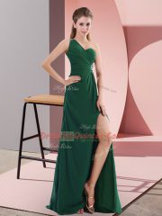 Sleeveless Satin Sweep Train Backless Party Dress in Green with Beading