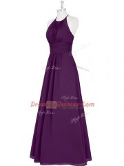 Traditional Eggplant Purple Chiffon Zipper Prom Party Dress Sleeveless Floor Length Ruching