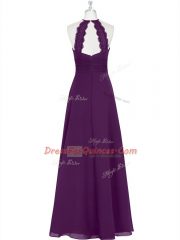Traditional Eggplant Purple Chiffon Zipper Prom Party Dress Sleeveless Floor Length Ruching