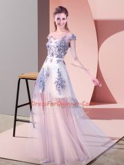 Artistic Scoop Cap Sleeves Tulle Prom Gown Appliques Lace Up