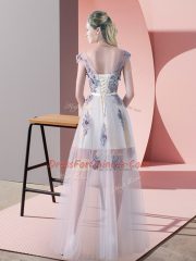 Artistic Scoop Cap Sleeves Tulle Prom Gown Appliques Lace Up