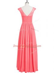 Pink Cap Sleeves Floor Length Lace Zipper Evening Dress