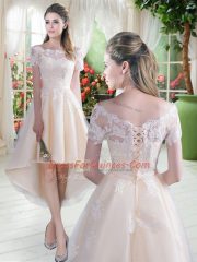 Champagne Lace Up Off The Shoulder Lace Prom Party Dress Tulle Short Sleeves