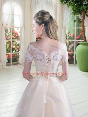 Champagne Lace Up Off The Shoulder Lace Prom Party Dress Tulle Short Sleeves