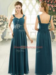 Teal Chiffon Lace Up Spaghetti Straps Sleeveless Floor Length Prom Party Dress Beading and Ruching