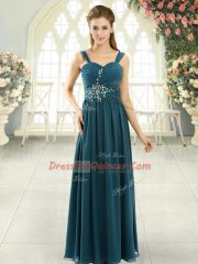 Teal Chiffon Lace Up Spaghetti Straps Sleeveless Floor Length Prom Party Dress Beading and Ruching