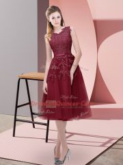 Romantic Burgundy Homecoming Dress Prom and Party with Beading and Lace and Appliques V-neck Sleeveless Lace Up