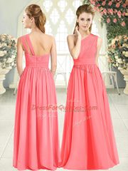 Graceful Watermelon Red Empire Chiffon One Shoulder Sleeveless Ruching Floor Length Zipper Homecoming Dress