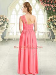 Graceful Watermelon Red Empire Chiffon One Shoulder Sleeveless Ruching Floor Length Zipper Homecoming Dress