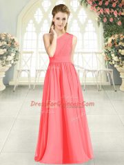 Graceful Watermelon Red Empire Chiffon One Shoulder Sleeveless Ruching Floor Length Zipper Homecoming Dress