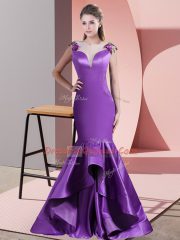 Eggplant Purple Sleeveless Sweep Train Appliques Dress for Prom