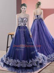 Flare Blue Tulle Lace Up Evening Dress Sleeveless Sweep Train Beading