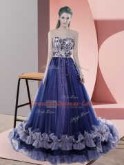 Flare Blue Tulle Lace Up Evening Dress Sleeveless Sweep Train Beading