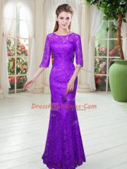 Amazing Purple Half Sleeves Floor Length Lace Zipper Dress for Prom