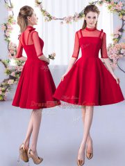 Adorable High-neck Half Sleeves Satin Vestidos de Damas Ruching Zipper