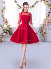 Adorable High-neck Half Sleeves Satin Vestidos de Damas Ruching Zipper