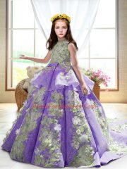 Lavender Backless Little Girls Pageant Dress Appliques Sleeveless Court Train