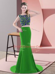 Perfect Sleeveless Beading and Pick Ups Backless Prom Dresses with Green Sweep Train
