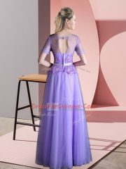 High End Lavender Prom Dress Prom and Party with Beading and Lace Scoop Short Sleeves Backless