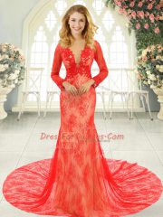 Red Mermaid Lace Backless Tulle Long Sleeves