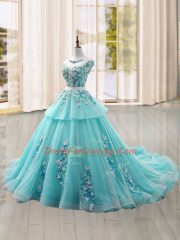 Glittering Aqua Blue Cap Sleeves Tulle Brush Train Lace Up 15 Quinceanera Dress for Military Ball and Sweet 16 and Quinceanera