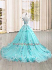 Glittering Aqua Blue Cap Sleeves Tulle Brush Train Lace Up 15 Quinceanera Dress for Military Ball and Sweet 16 and Quinceanera