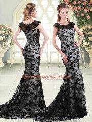 Black Sleeveless Lace Sweep Train Zipper Prom Dress for Prom and Party and Military Ball