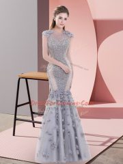 Custom Fit Beading and Lace and Hand Made Flower Prom Gown Grey Lace Up Cap Sleeves Floor Length