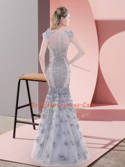 Custom Fit Beading and Lace and Hand Made Flower Prom Gown Grey Lace Up Cap Sleeves Floor Length