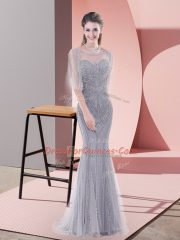 Grey Zipper Scoop Beading Homecoming Dress Tulle Half Sleeves Sweep Train