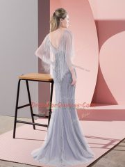 Grey Zipper Scoop Beading Homecoming Dress Tulle Half Sleeves Sweep Train