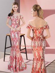 Multi-color Cap Sleeves Sequins Floor Length Evening Dress