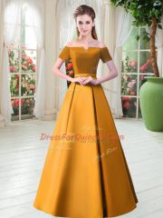 Superior Off The Shoulder Short Sleeves Prom Dresses Floor Length Belt Gold Satin