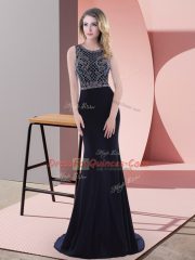 Extravagant Sleeveless Beading and Lace Zipper Prom Gown with Navy Blue Sweep Train