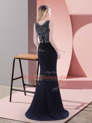 Extravagant Sleeveless Beading and Lace Zipper Prom Gown with Navy Blue Sweep Train
