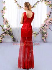 Sleeveless Floor Length Lace Lace Up Quinceanera Court Dresses with Red