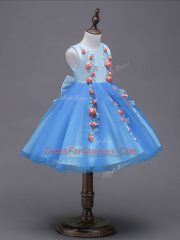 Blue Scoop Zipper Hand Made Flower Flower Girl Dress Sleeveless