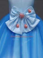 Blue Scoop Zipper Hand Made Flower Flower Girl Dress Sleeveless
