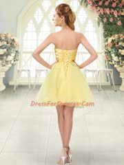 Fantastic Sleeveless Organza Mini Length Lace Up Evening Dress in Yellow with Beading