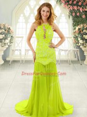 Pretty Yellow Green Sleeveless With Train Lace Backless Prom Gown