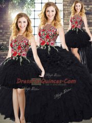 Inexpensive Black Ball Gowns Scoop Sleeveless Organza Zipper Embroidery and Ruffles Quinceanera Dresses